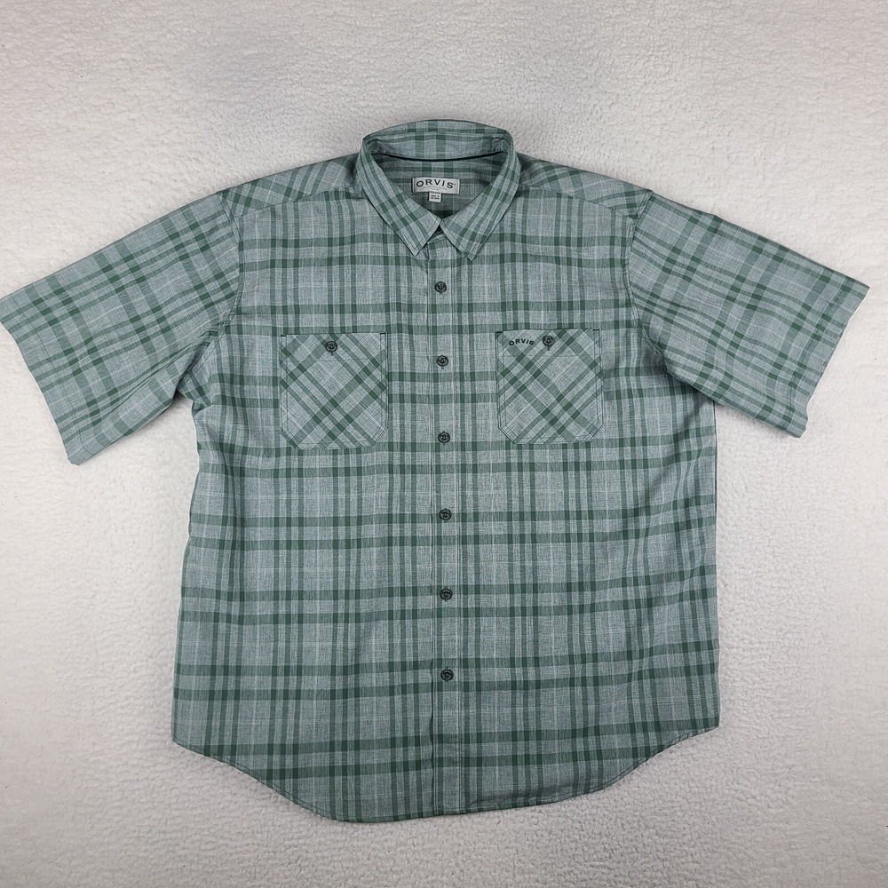 ORVIS Shirt Mens 2XL XXL Sage Green Plaid Hiking Outdoor Hawaiian Button Up GC